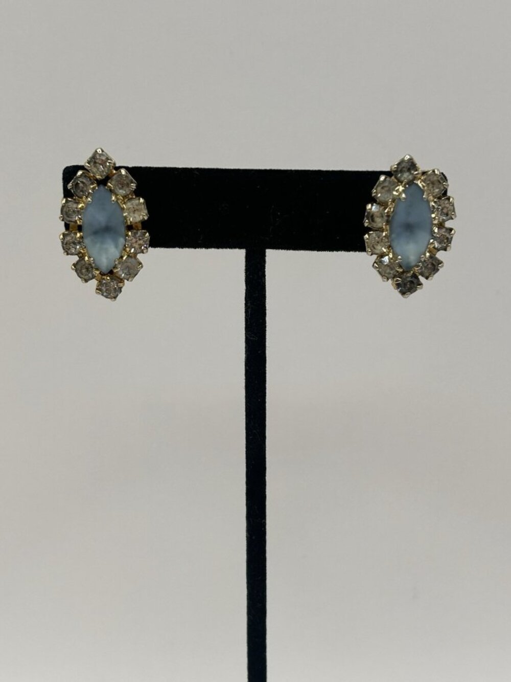 Vintage Blue Navette Rhinestone Clip On Earrings Gold Tone Halo Statement Glam